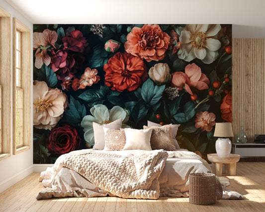 Bold Floral Wall Mural | Dark Botanical Bedroom Wallpaper | Oversized Flower Accent Wall Decor Vn642