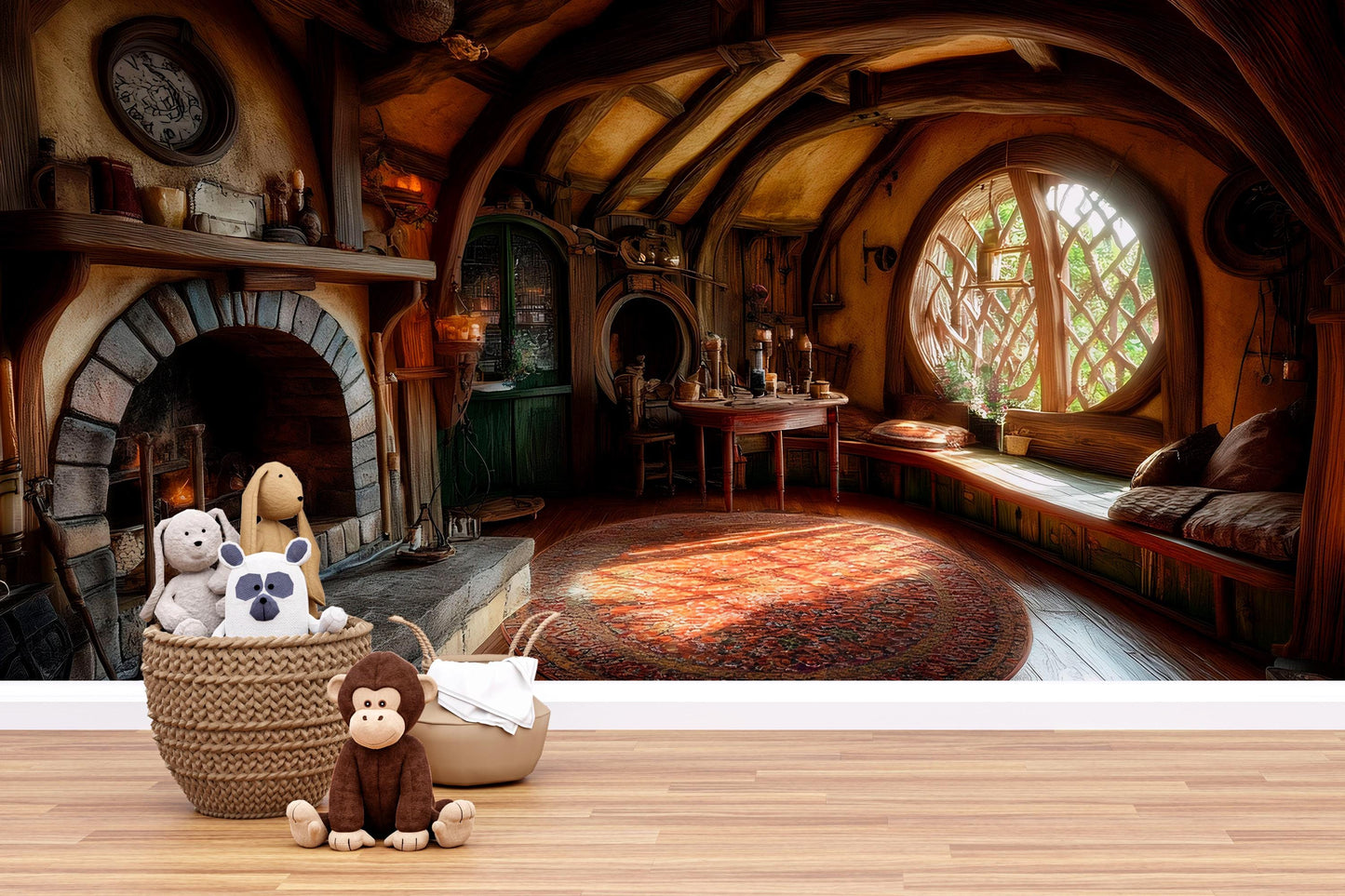 Hobbit-Inspired Nursery Wall Mural – Cozy Fantasy Fireplace & Round Window Scene – Storybook Woodland Baby Room Decor Vn605