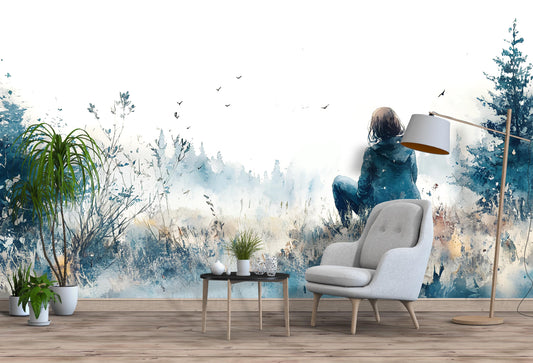 Watercolor Forest Wall Mural – Girl in Nature Art – Serene Blue Landscape Wall Art for Living Room Vn349