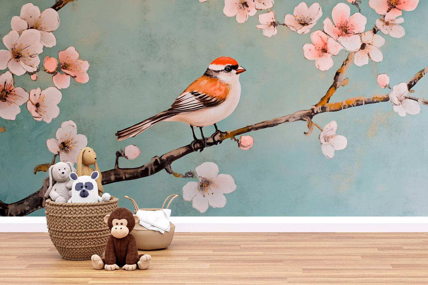 Bird and Blossom Wall Mural – Cherry Blossom Nursery Wallpaper, Nature Accent Wall for Kids Room or Bedroom Vn860