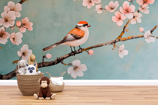 Bird and Blossom Wall Mural – Cherry Blossom Nursery Wallpaper, Nature Accent Wall for Kids Room or Bedroom Vn860