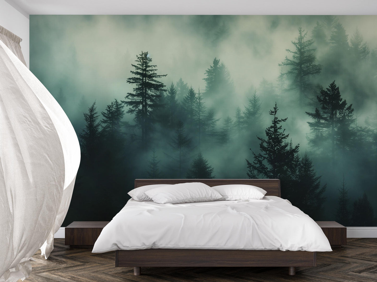 Misty Forest Wall Mural – Dark Green Woodland Wallpaper, Foggy Pine Tree Nature Accent Wall Decor for Bedroom or Living Room Vn1074