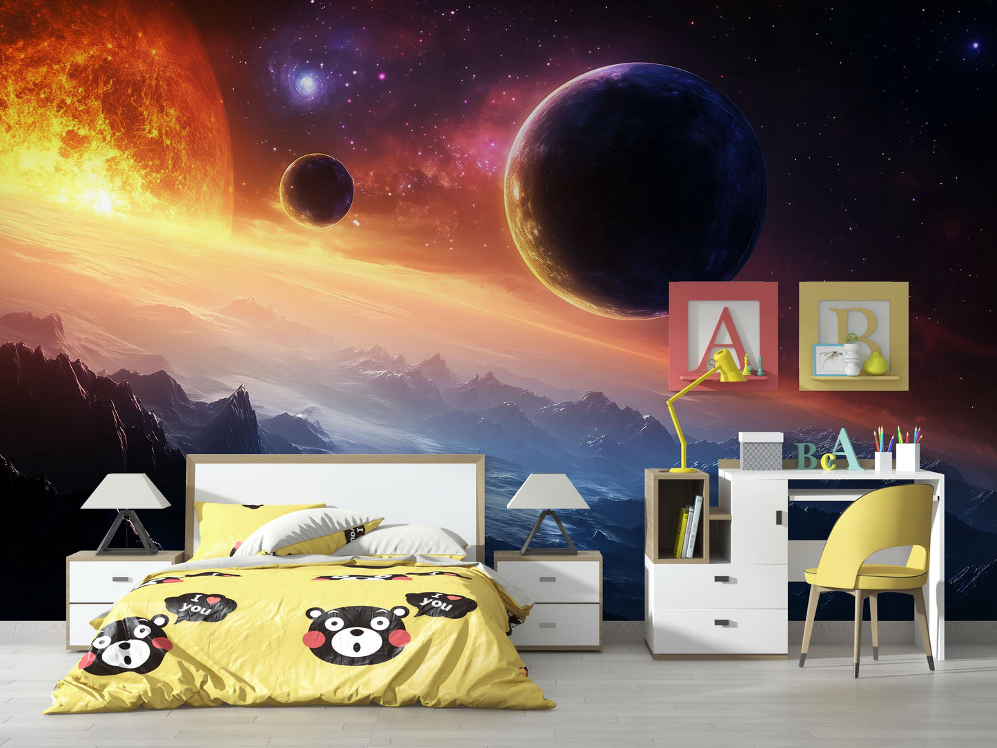 Sunset Planets Wall Mural – Outer Space Galaxy Wallpaper for Bedroom & Living Room Vn874