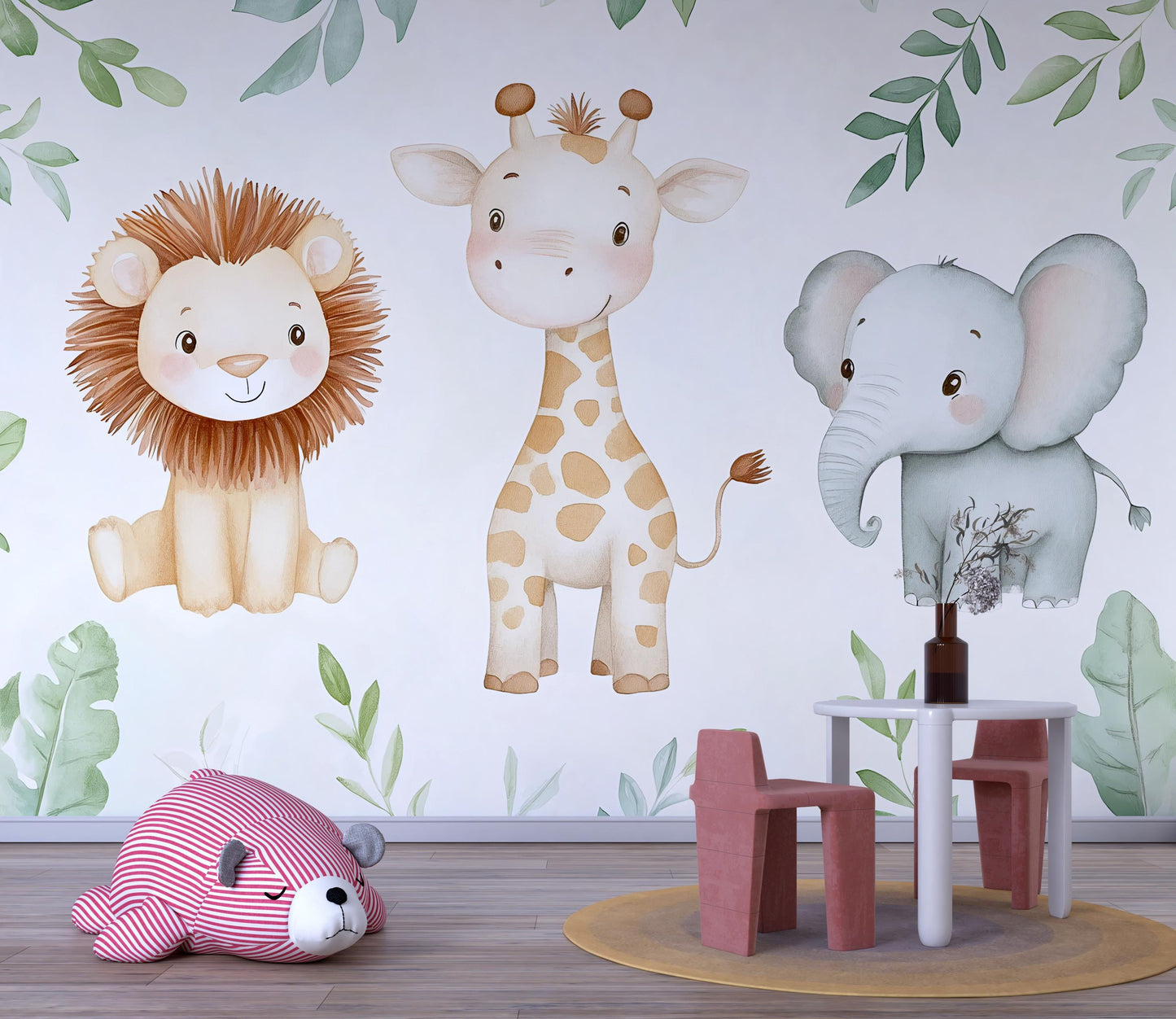 Safari Animal Nursery Mural – Lion Giraffe Elephant Jungle Wallpaper Vn992