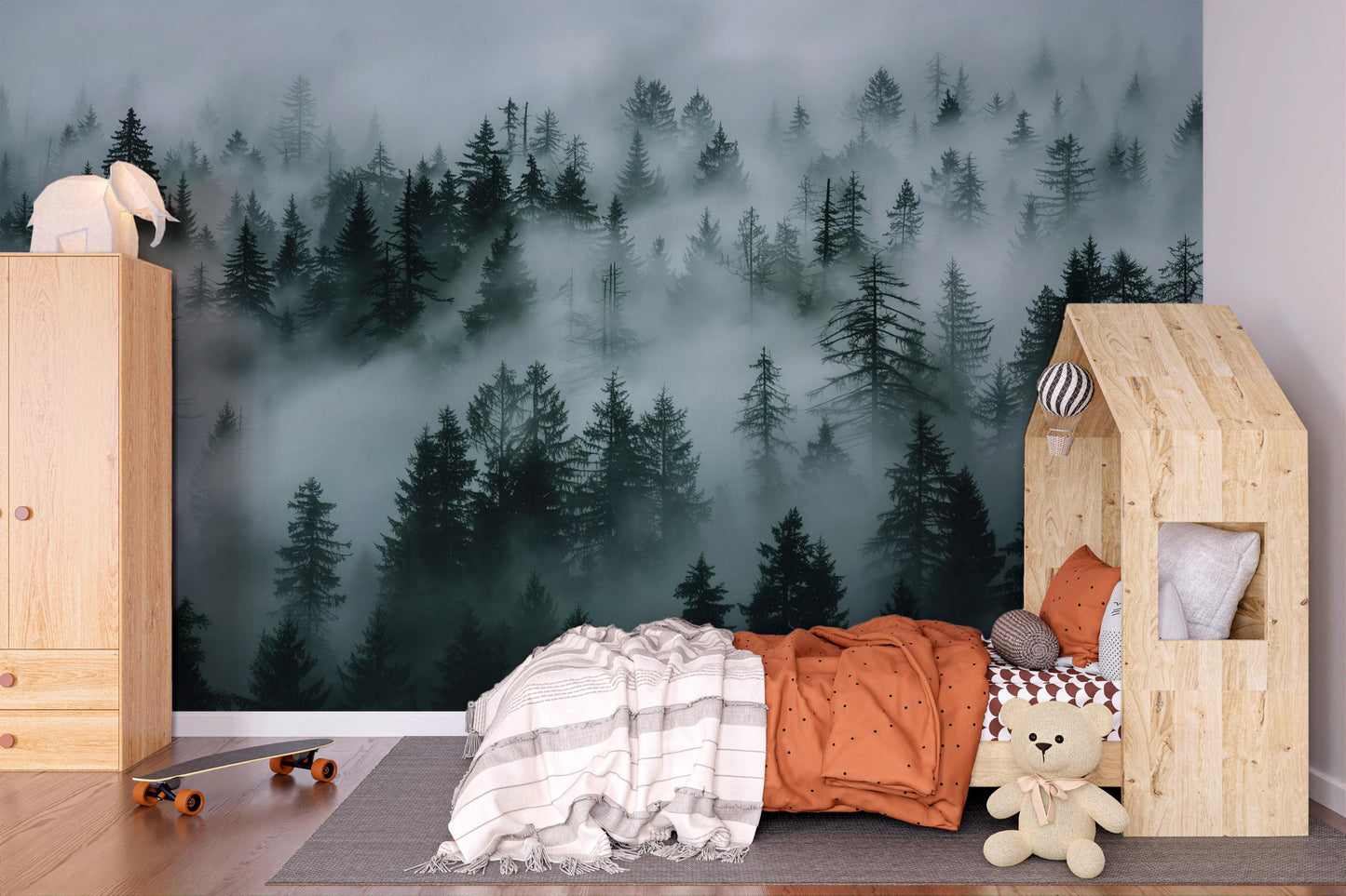 Misty Forest Wall Mural – Dark Green Woodland Wallpaper, Nature Landscape Accent Wall Decor for Bedroom or Living Room Vn1071