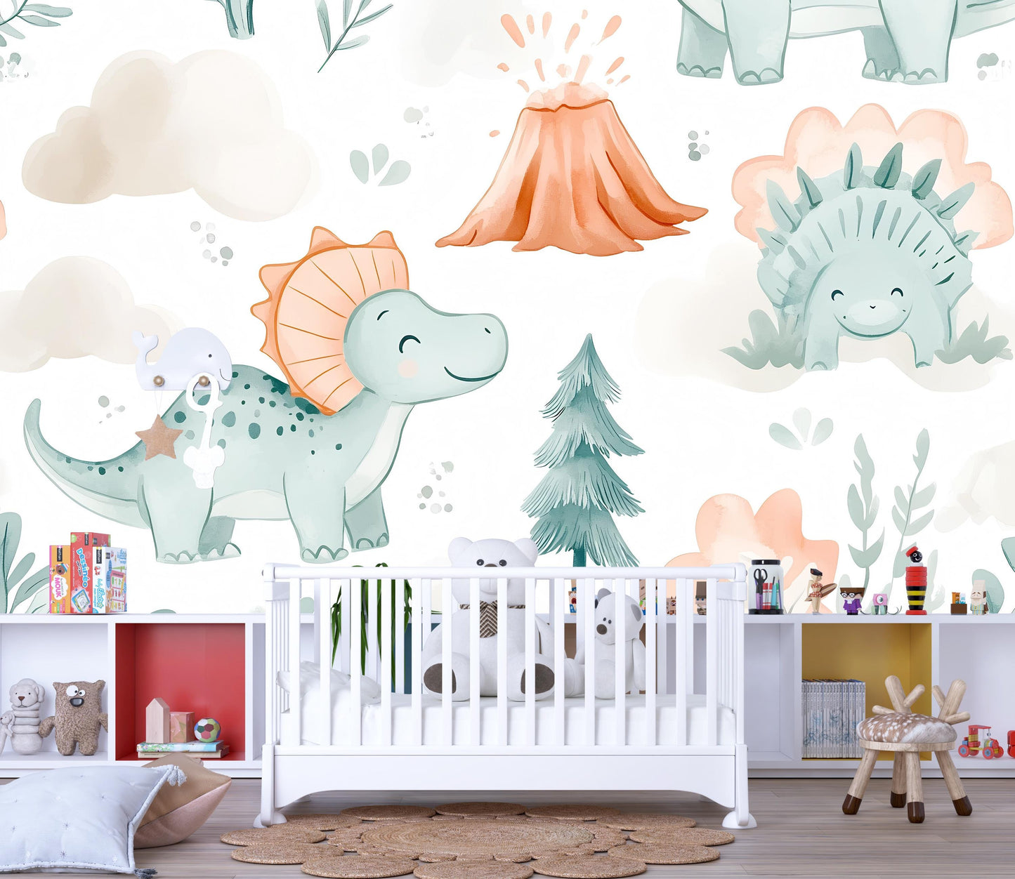 Cartoon Dinosaur Wall Mural – Cute Dino Wallpaper for Kids Room & Nursery Vn976