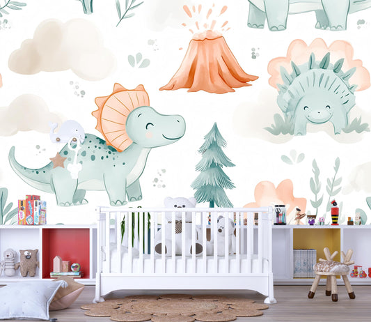 Cartoon Dinosaur Wall Mural – Cute Dino Wallpaper for Kids Room & Nursery Vn976
