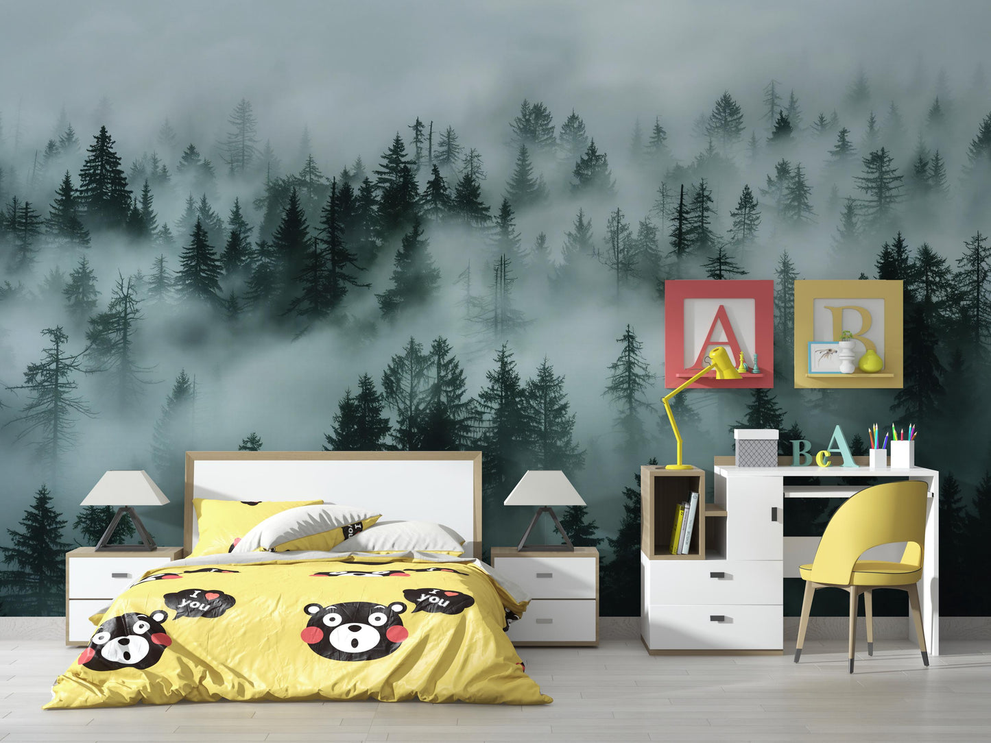 Misty Forest Wall Mural – Dark Green Woodland Wallpaper, Nature Landscape Accent Wall Decor for Bedroom or Living Room Vn1071