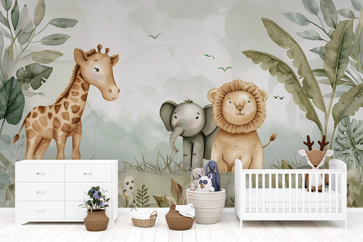 Safari Animal Nursery Mural | Jungle Wallpaper for Kids Room Vn1039