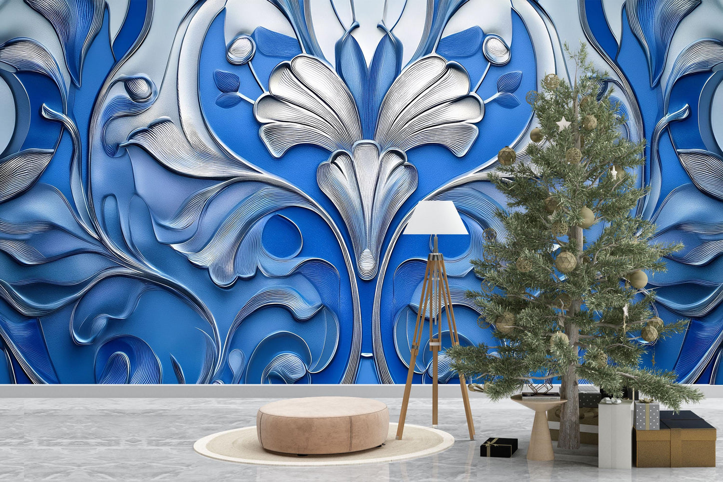 3D Blue Floral Wall Mural – Elegant Embossed Botanical Art Wallpaper for Living Room & Bedroom Vn757