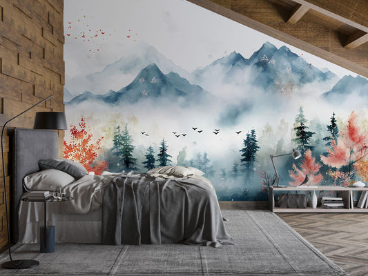 Watercolor Mountain Forest Wall Mural – Scenic Nature Bedroom Wallpaper – Misty Mountains Landscape Art – Removable Peel & Stick Vn698