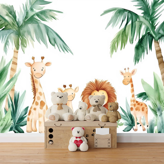 Safari Jungle Animal Wall Mural | Giraffe Lion Nursery Wallpaper | Tropical Baby Room Decor | Jungle Theme Kids Wall Art Vn043
