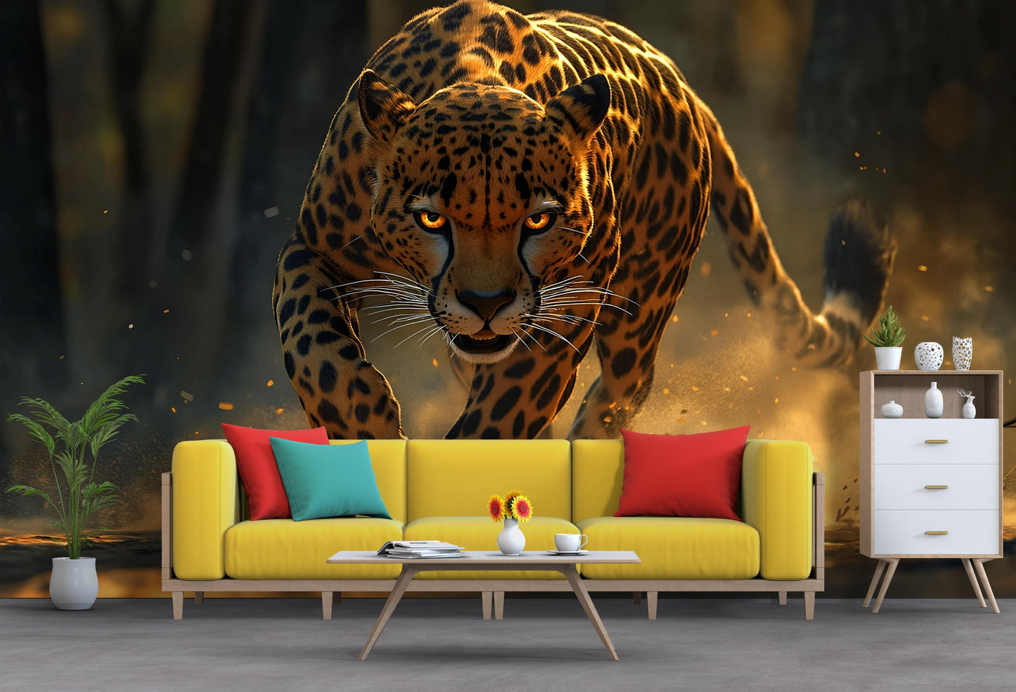 Fierce Leopard Jungle Wall Mural – Large Wild Cat Art for Living Room – Jungle Predator Wallpaper for Home Decor Vn541