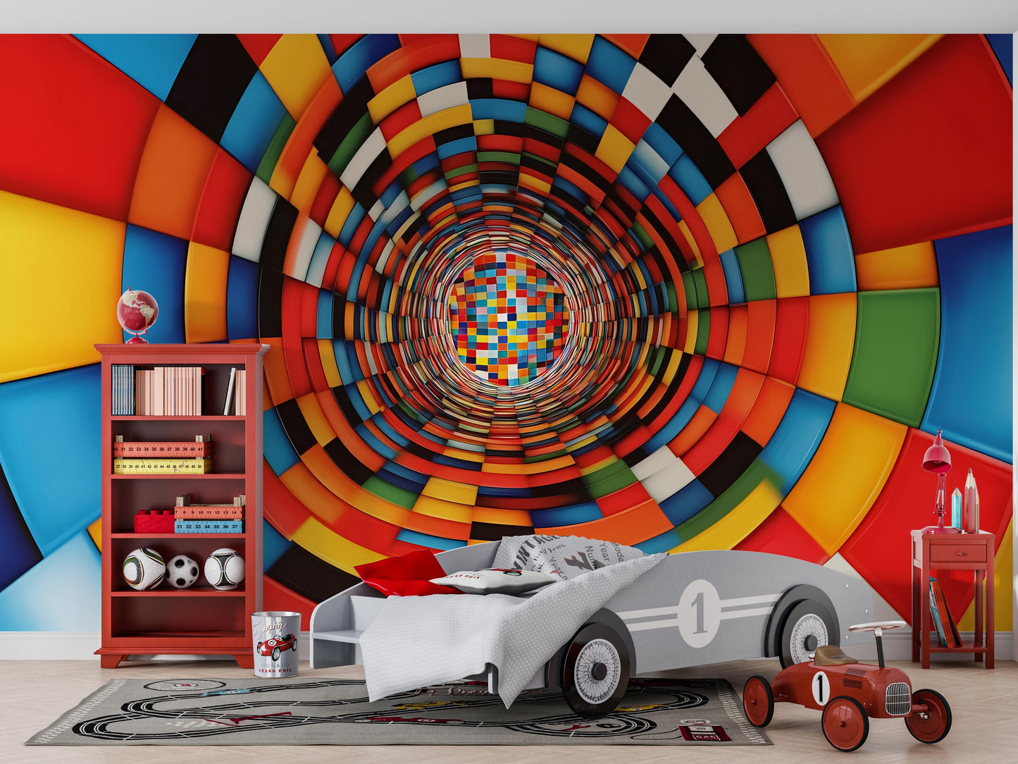 Colorful 3D Tunnel Wall Mural – Kids Room Optical Illusion Wallpaper Vn912