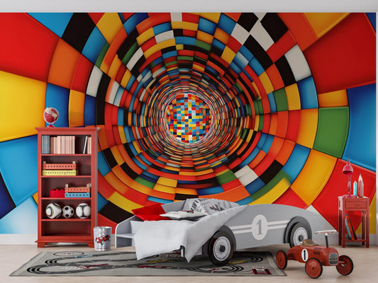Colorful 3D Tunnel Wall Mural – Kids Room Optical Illusion Wallpaper Vn912
