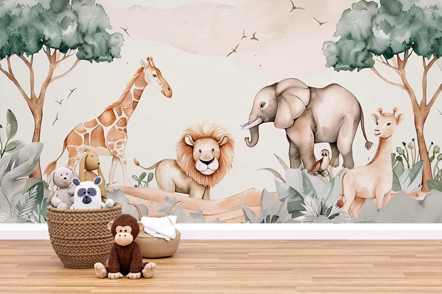 Safari Nursery Wall Mural | Jungle Animal Wallpaper Kids Room Vn1038