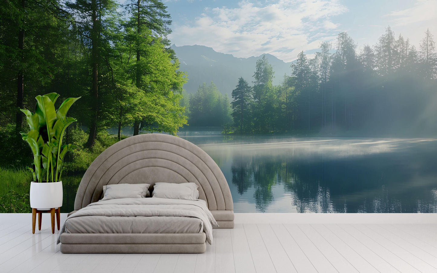 Lake Forest Wall Mural – Nature Scenic Wallpaper, Serene Mountain Lake Wall Art, Forest Bedroom Decor Vn687