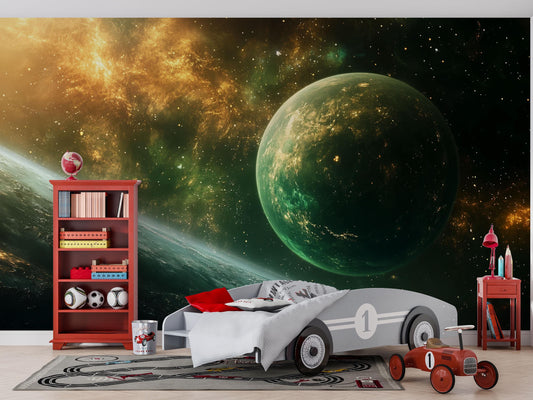 Green Galaxy Wall Mural – Space Planet Wallpaper, Kids Astronomy Room Decor Vn869