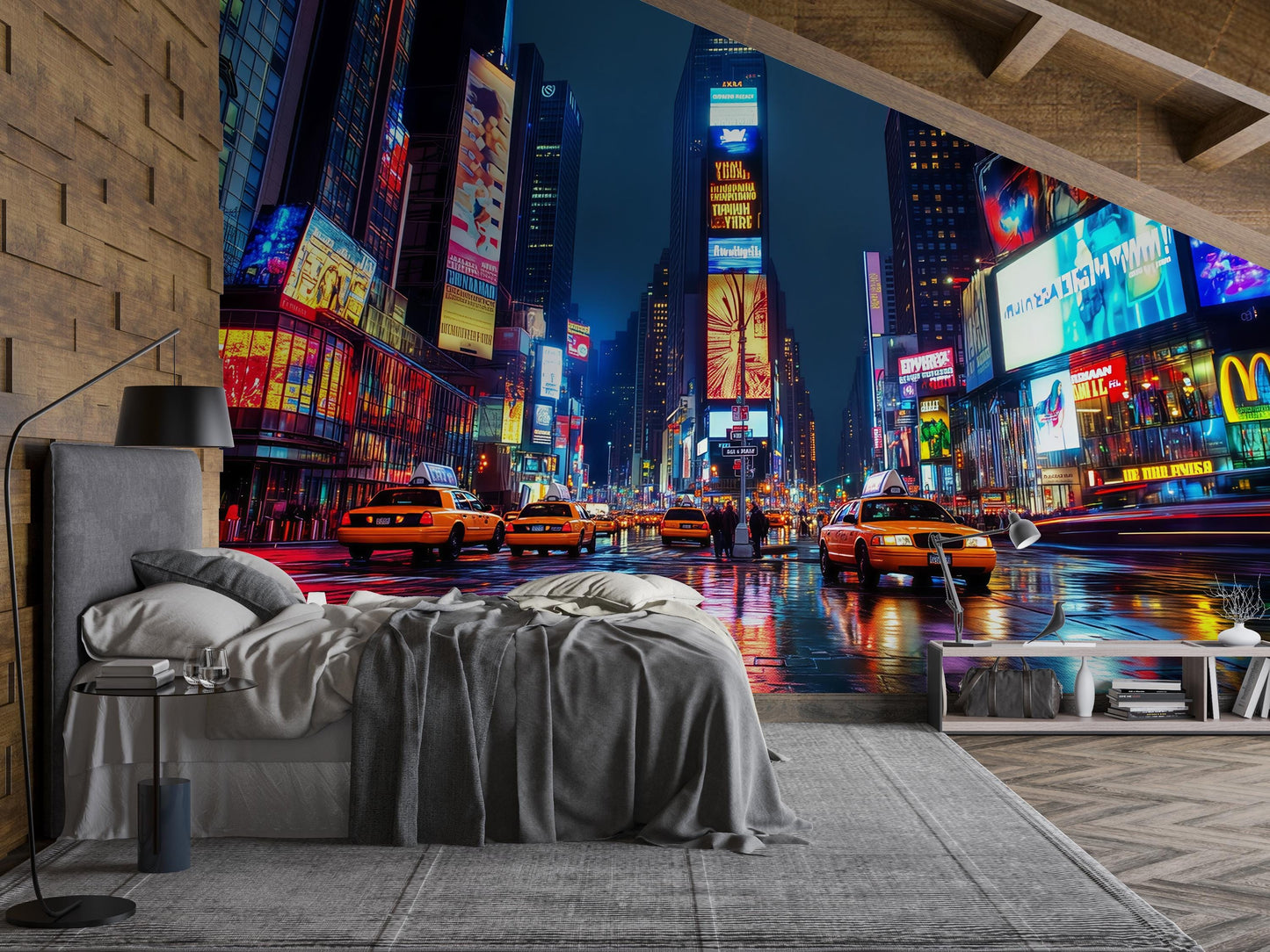 Times Square Wall Mural – NYC Night City Taxi Lights Wallpaper, Abstract Wallpaper Vn901