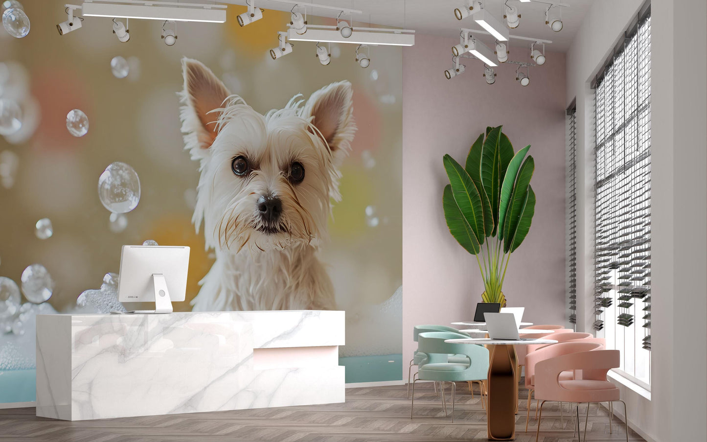 Modern Pet Grooming Salon Wall Art | Cute Yorkie Dog with Bubbles | Vet Office Decor | Dog Lover Gift | Veterinary Reception Print Vn669