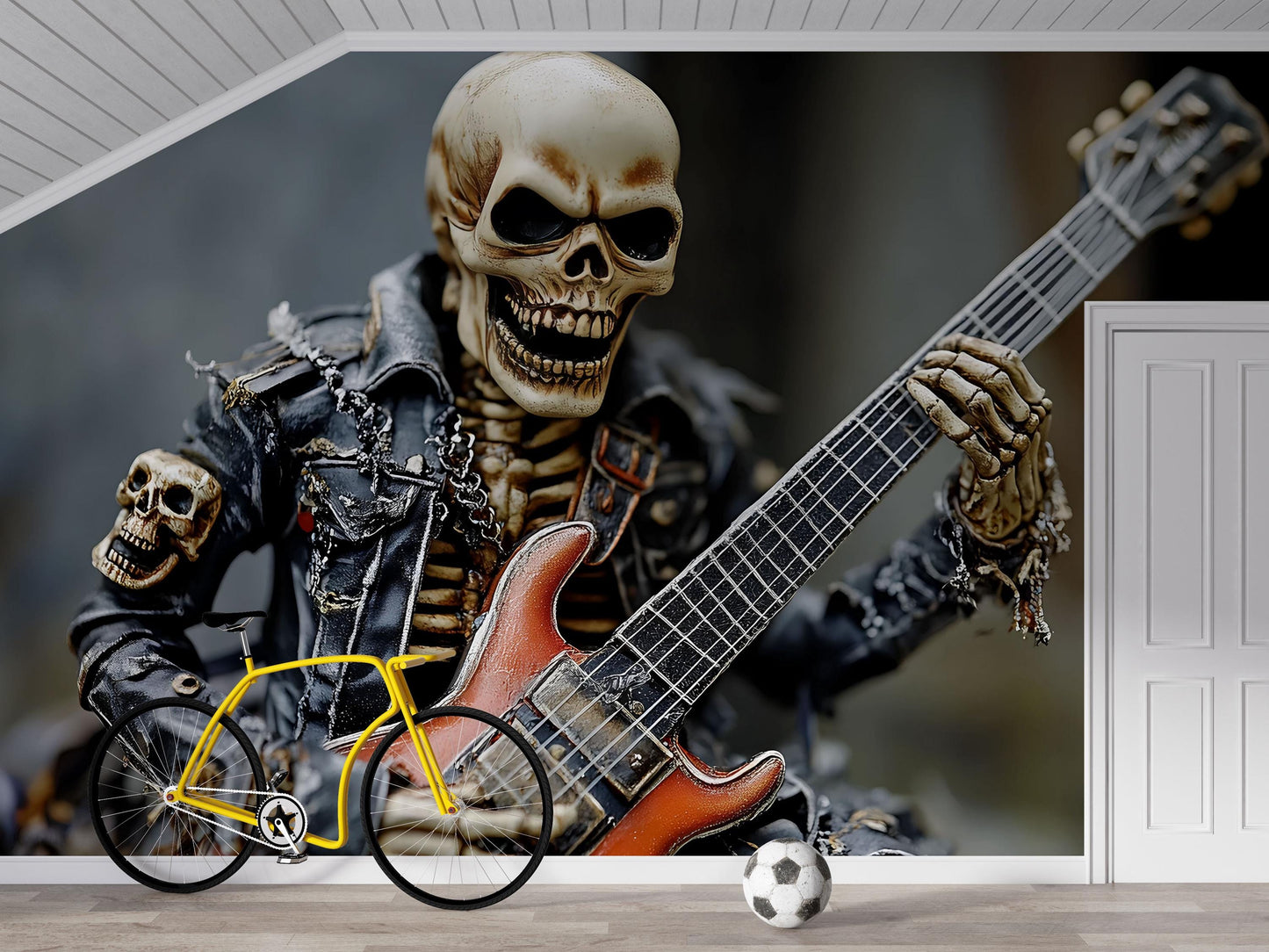 Skeleton Rock Guitarist Wall Mural – Heavy Metal Skull Art Poster – Gothic Punk Rock Room Decor – Cool Musician Wallpaper Vn721