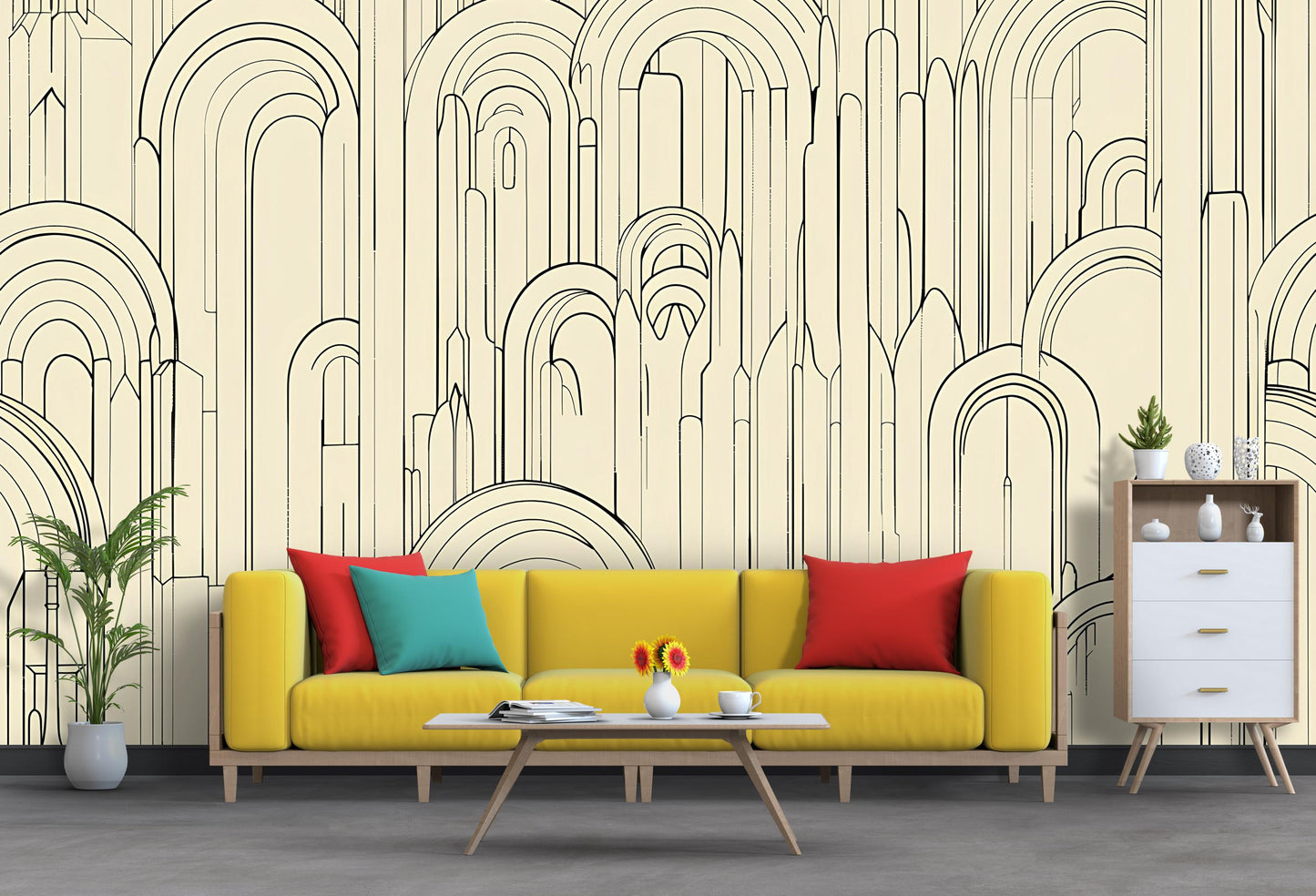 Beige Arch Line Wallpaper – Modern Geometric Wall Mural Vn1095