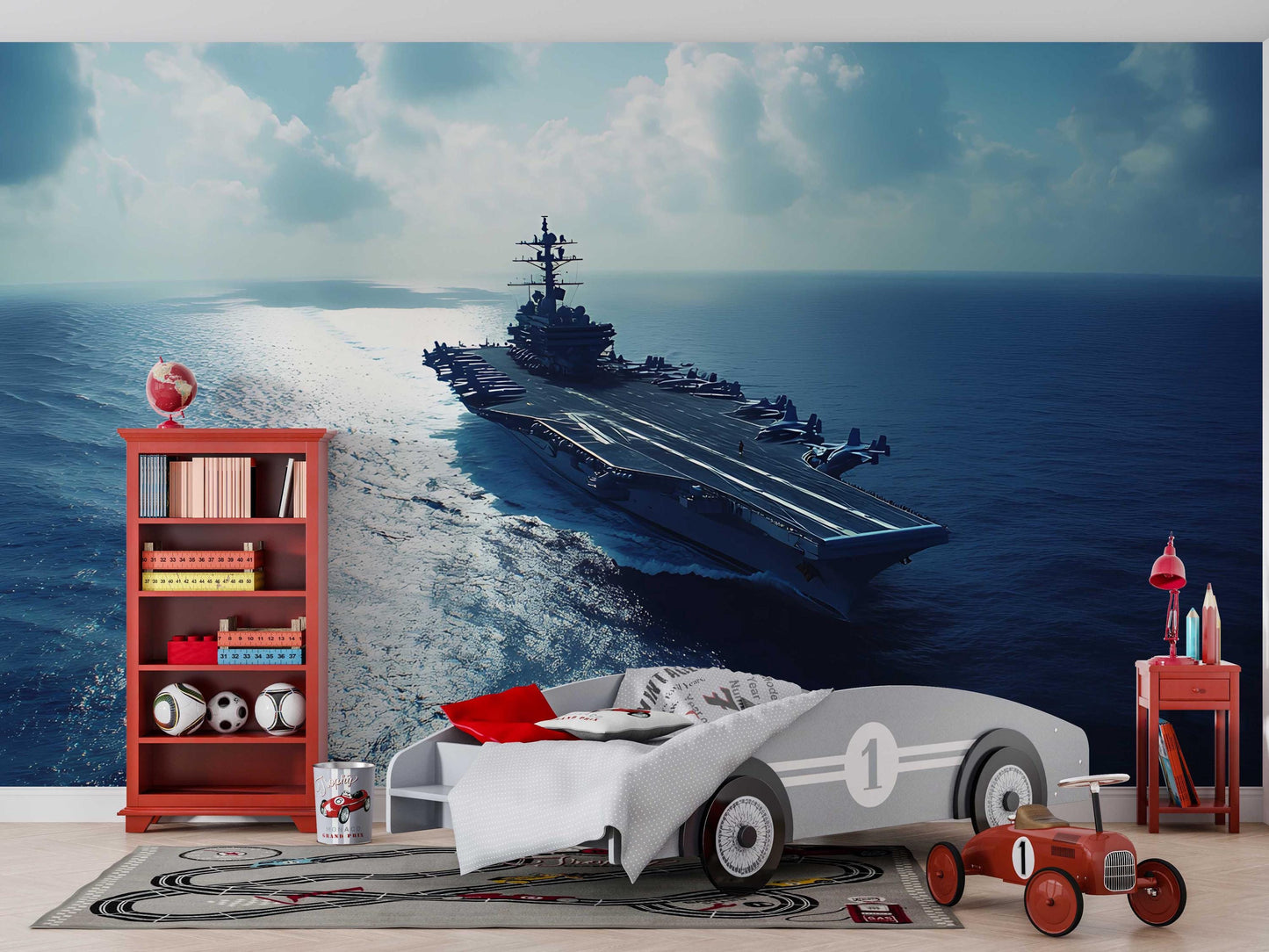 Navy Aircraft Carrier Wall Mural | Modern Military Ocean Theme Wallpaper for Boys Room or Office | Custom Ocean View Wall Art Vn450