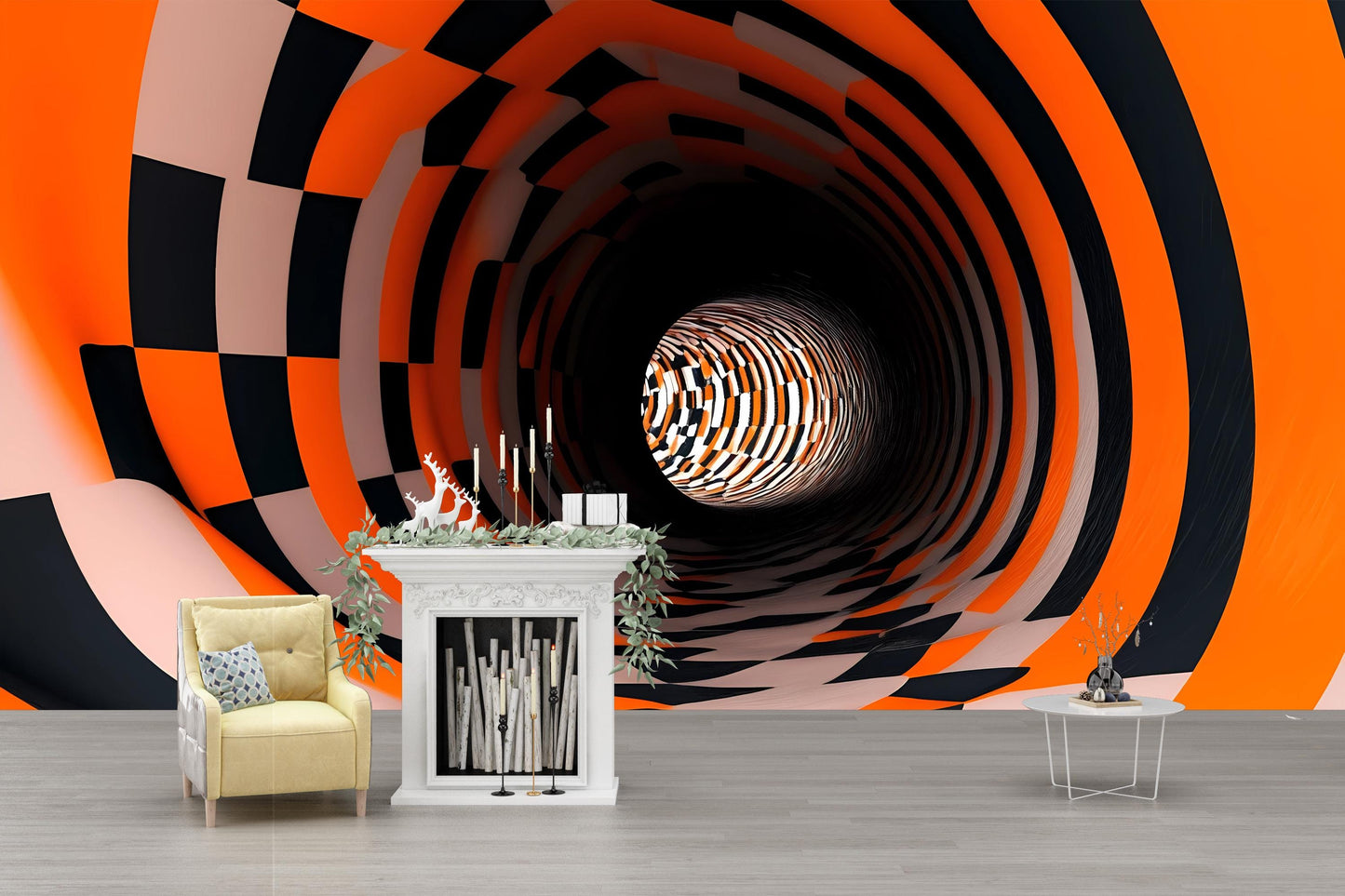 3D Tunnel Wall Mural – Optical Illusion Checkered Abstract Wallpaper Vn900