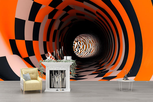 3D Tunnel Wall Mural – Optical Illusion Checkered Abstract Wallpaper Vn900