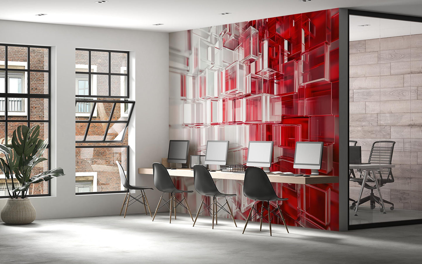Modern Office Wall Art – 3D Red & White Geometric Cubes – Large Abstract Mural for Workspace or Home Office Vn731