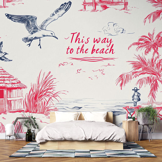 Beach Wall Mural | Coastal Bedroom Wallpaper | Tropical Palm Tree & Seagull Art | This Way to the Beach Ocean Wall Decor Vn718