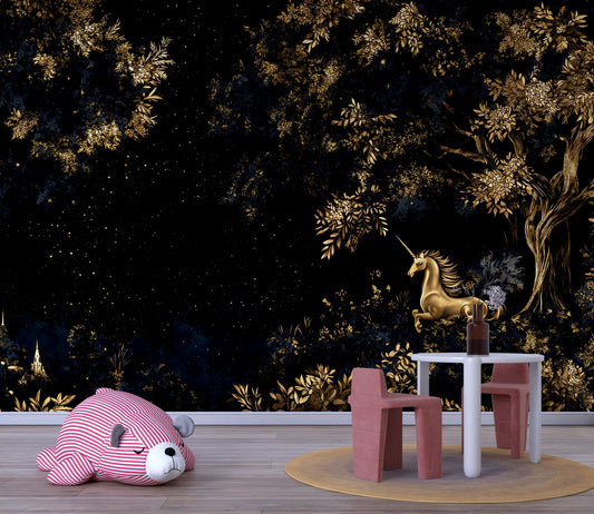 Magical Unicorn Forest Mural Wallpaper – Kids Room Dark Gold Fantasy Wall Art Vn179