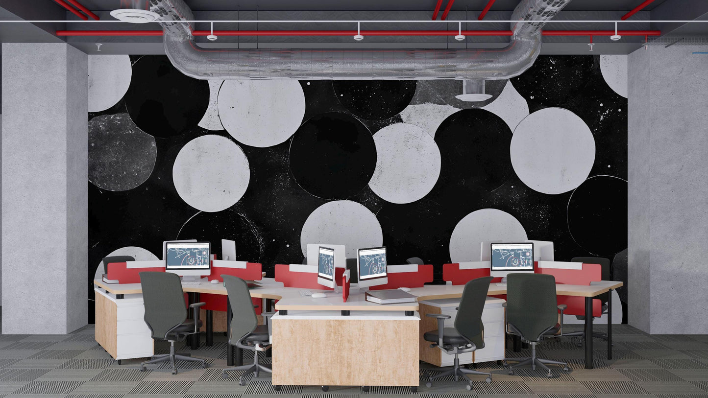 Black and White Circle Wall Mural – Modern Geometric Wallpaper, Bold Accent Wall for Office or Living Room Vn848