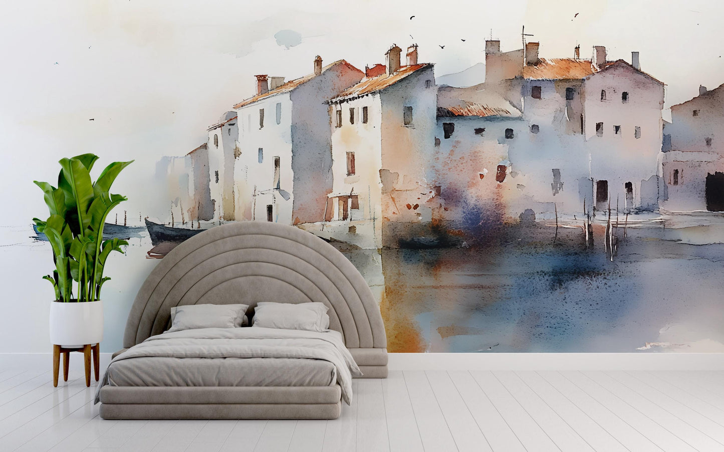 Watercolor Coastal Wall Mural | Venice-Inspired Wall Art | Removable Bedroom Wallpaper | Mediterranean Art Décor Vn548