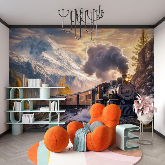 Steam Train Wall Mural – Vintage Railway in Mountain Landscape | Scenic Winter Train Wallpaper | Rustic Travel Home Decor Vn226