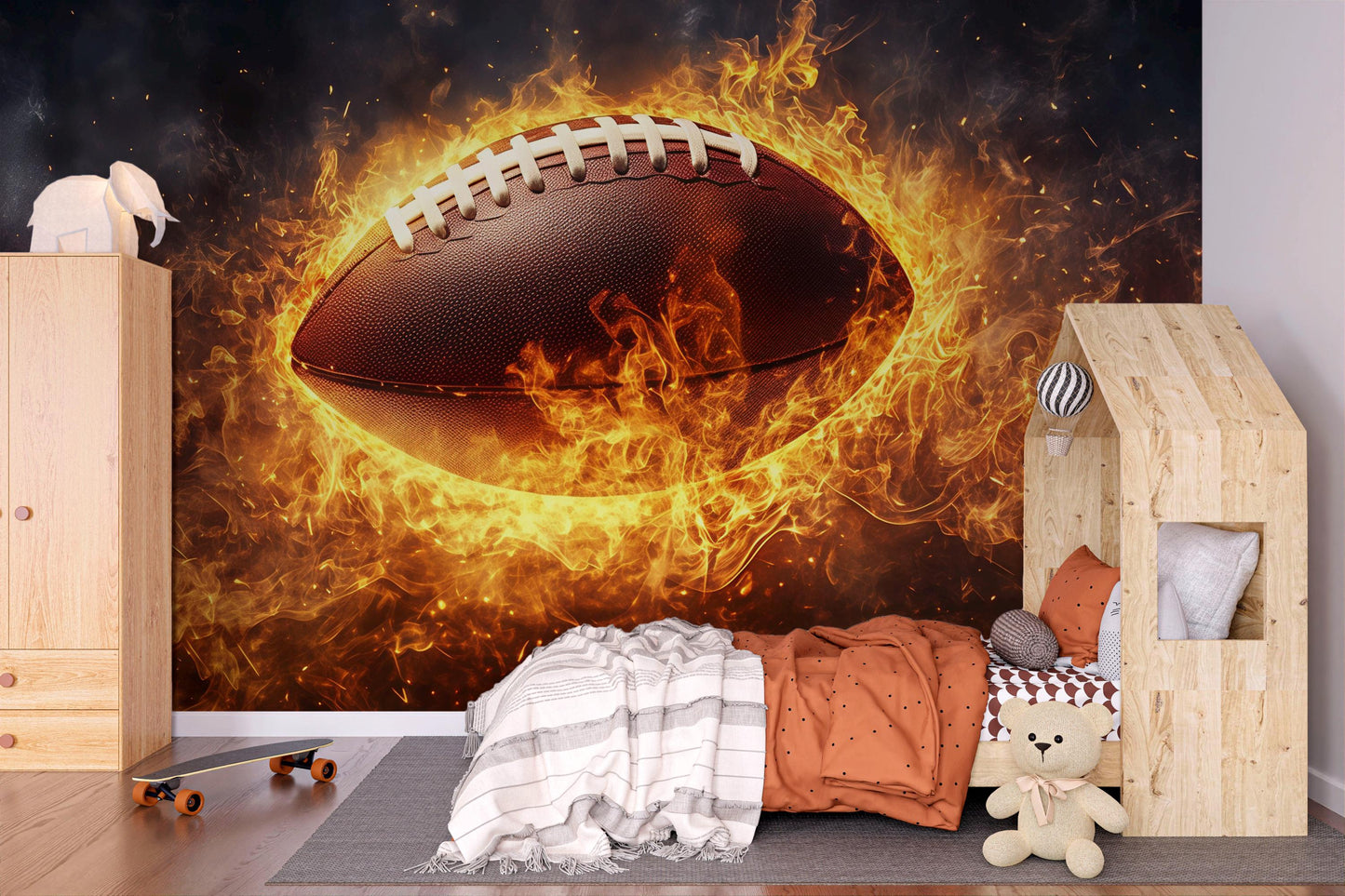 American Football Wall Mural – Flaming Sports Wallpaper for Boys Room & Man Cave Decor Vn879