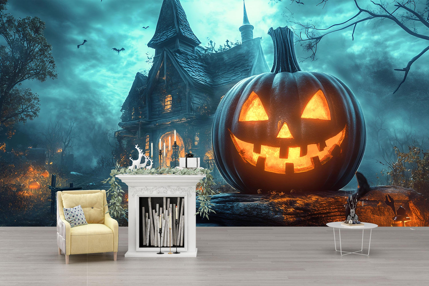 Halloween Haunted House Wall Mural – Spooky Jack-o’-Lantern Wallpaper for Party or Home Decor  Vn786