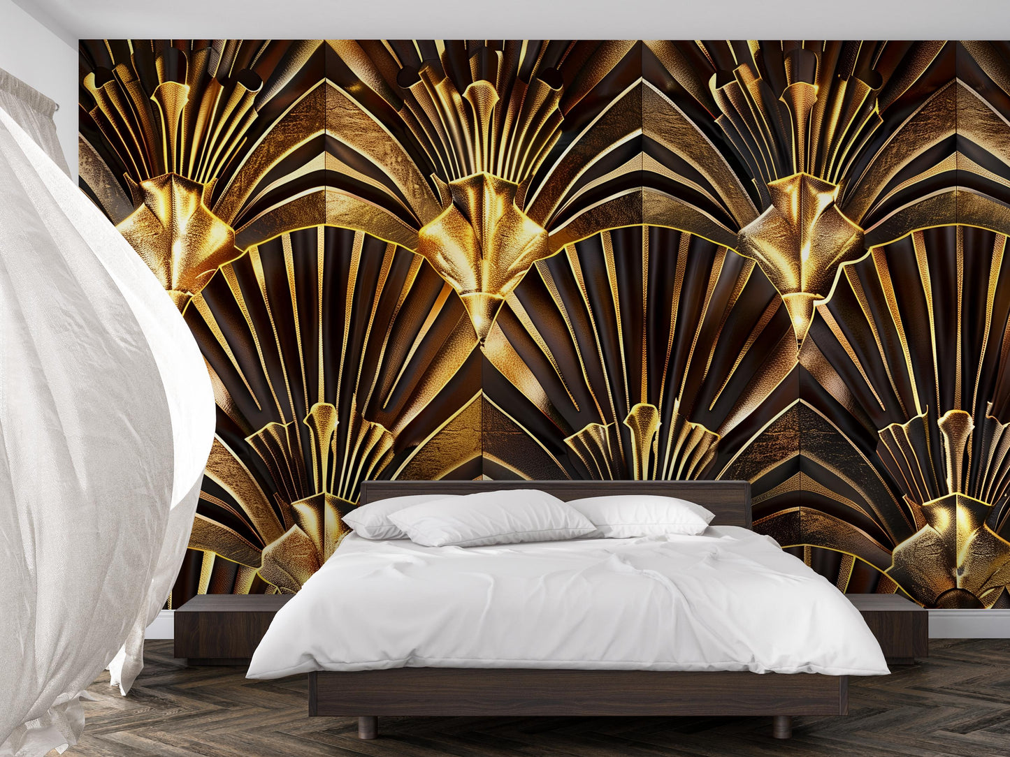 Art Deco Wall Mural – Luxury Gold & Black Geometric Wallpaper, Glam Accent Wall Decor for Bedroom, Living Room or Lounge Vn1083