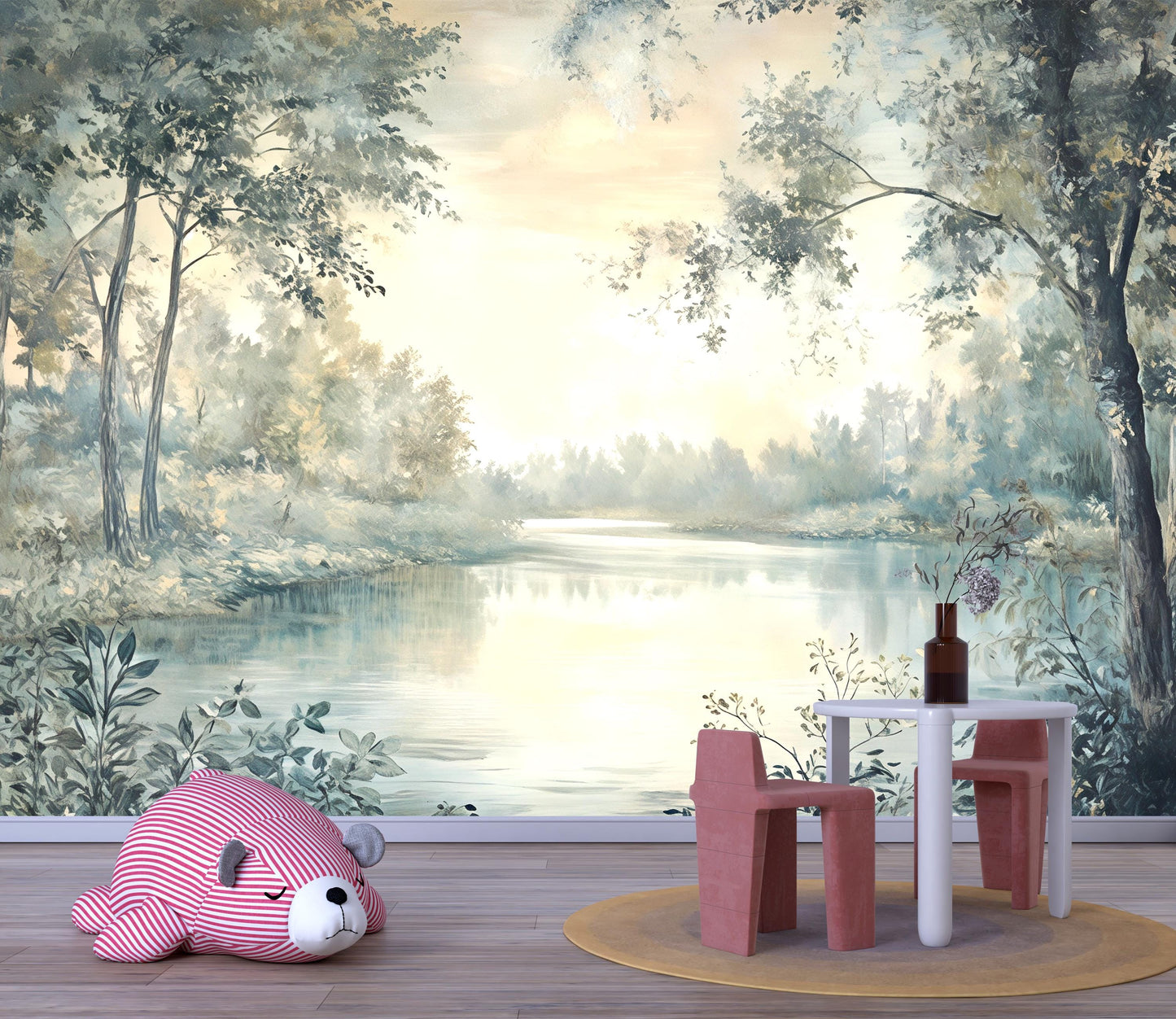 Calm River Forest Wall Mural – Nature Landscape Wallpaper for Bedroom & Living Room Vn975