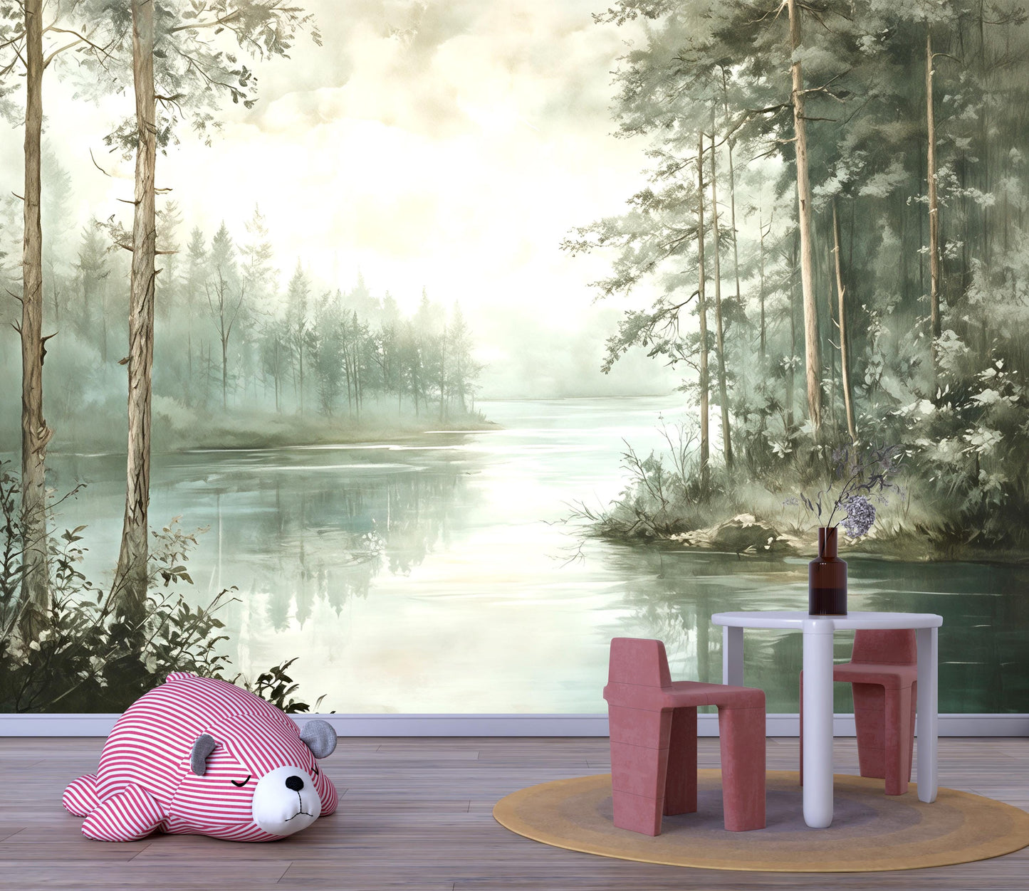 Misty Forest Lake Wall Mural – Nature Landscape Wallpaper Vn972