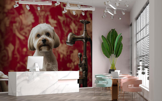 Whimsical Dog Bathroom Art Print – Cute White Dog in Bathtub with Mini Chair & Sleeping Pup – Funny Dog Wall Decor for Pet Lovers Vn666