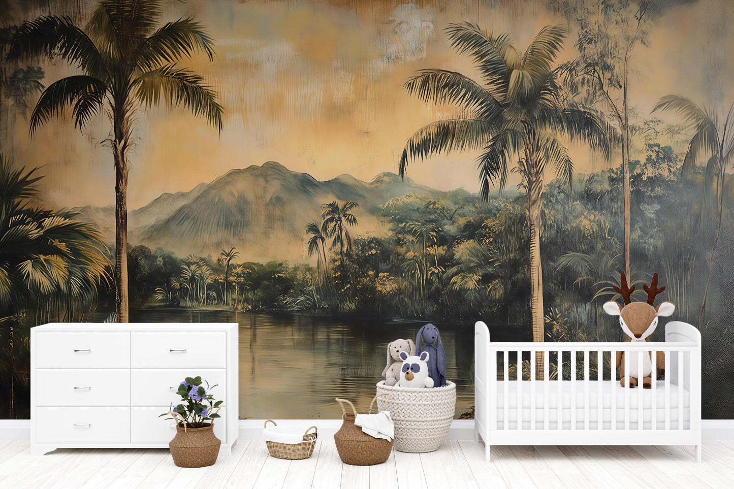 Tropical Vintage Wall Mural – Palm Tree Jungle Landscape Wallpaper Vn828
