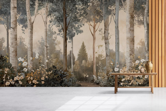 Forest Wall Mural – Neutral Tree Wallpaper, Scandinavian Nature Wall Art, Large Woodland Removable Mural Vn248