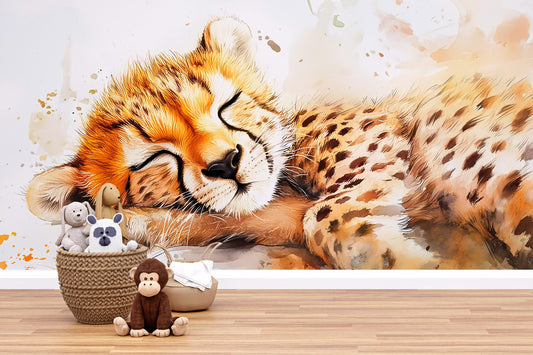 Sleeping Cheetah Cub Wall Mural for Kids Room | Jungle Safari Nursery Art | Wildlife Animal Wall Decor | Large Cheetah Wallpaper Vn535
