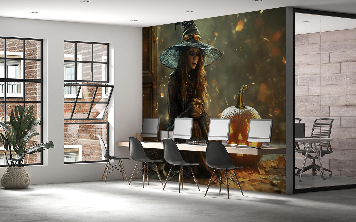 Witch and Jack-o’-Lantern Wall Mural – Spooky Halloween Wallpaper for Party or Store Decor Vn789