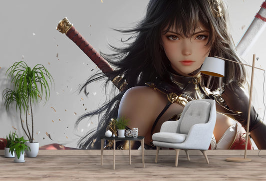 Anime Warrior Girl Wall Mural – Fantasy Sword Art Poster – Japanese Samurai Female Art Print – Modern Anime Home Decor Vn356