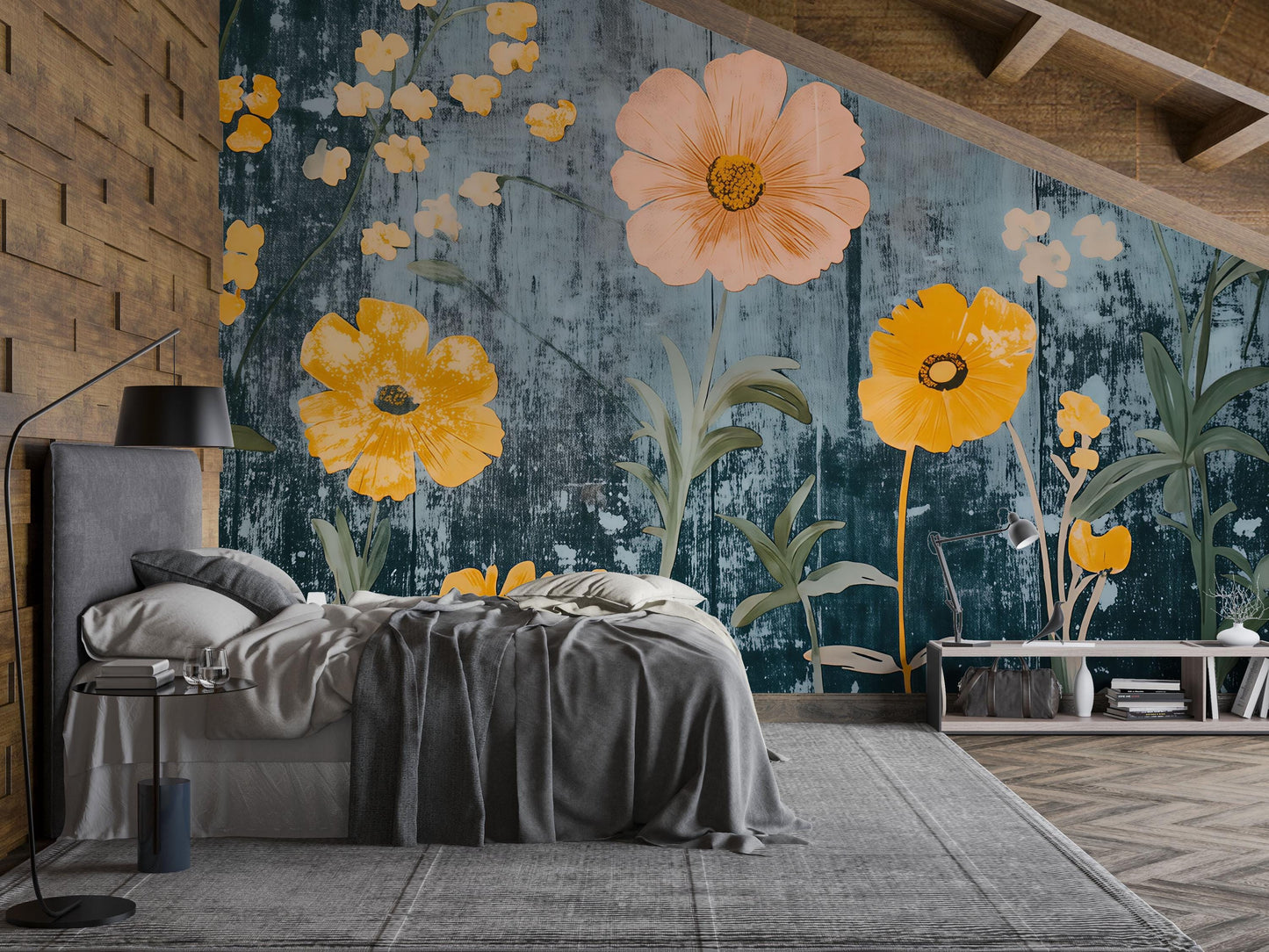 Yellow Floral Wall Mural – Modern Botanical Wallpaper with Rustic Teal Background Vn827