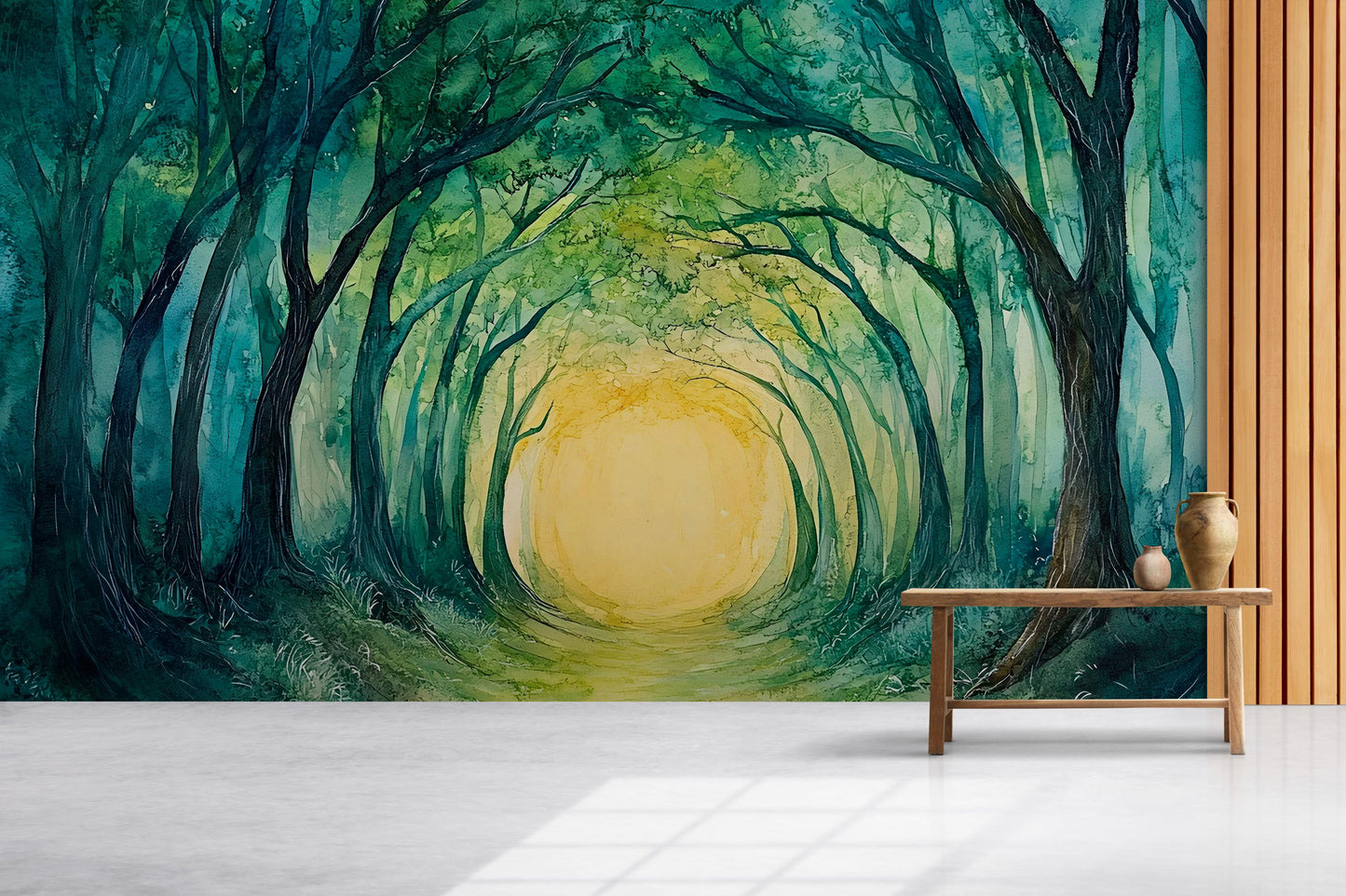 Forest Tunnel Mural – Enchanted Green Trees Wall Art with Golden Sunlight Path Vn762