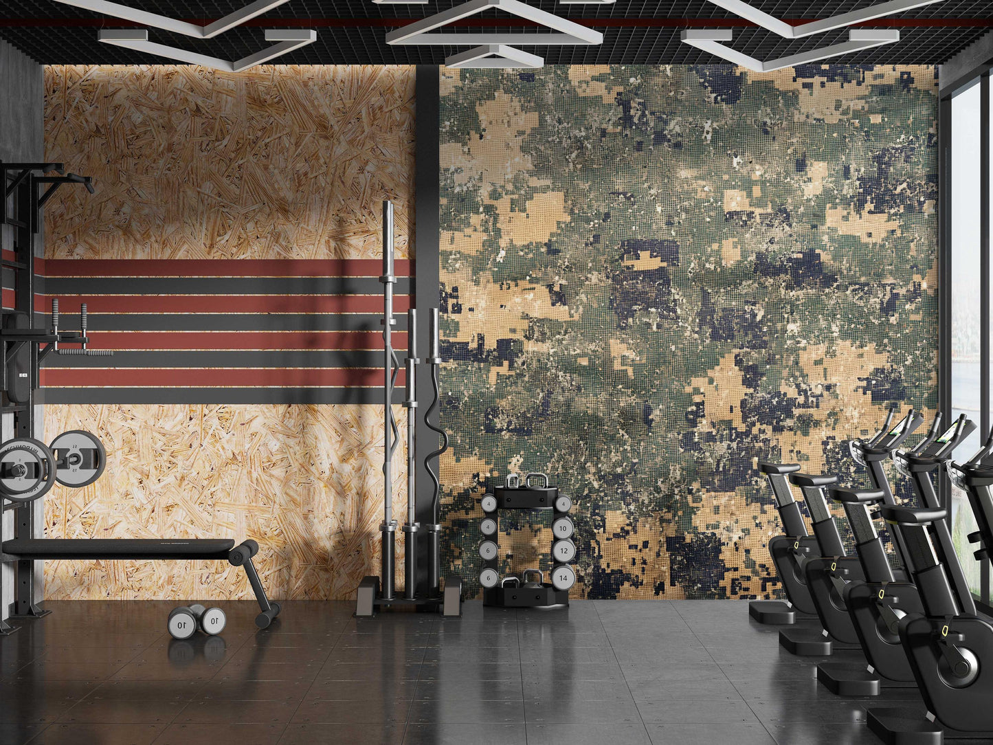Modern Gym Wall Mural – Digital Camo & Geometric Pattern Wallpaper – Bold Fitness Decor for Home or Commercial Gym Vn457