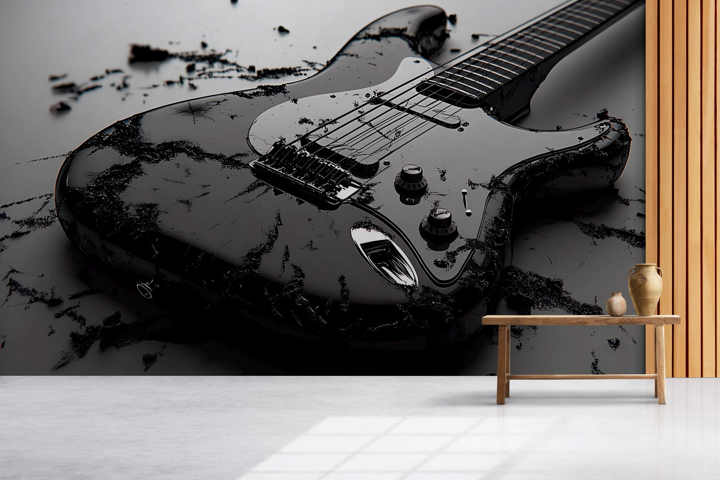 Rock Guitar Wall Mural for Kids Room – Bold Black Electric Guitar Decor Vn530